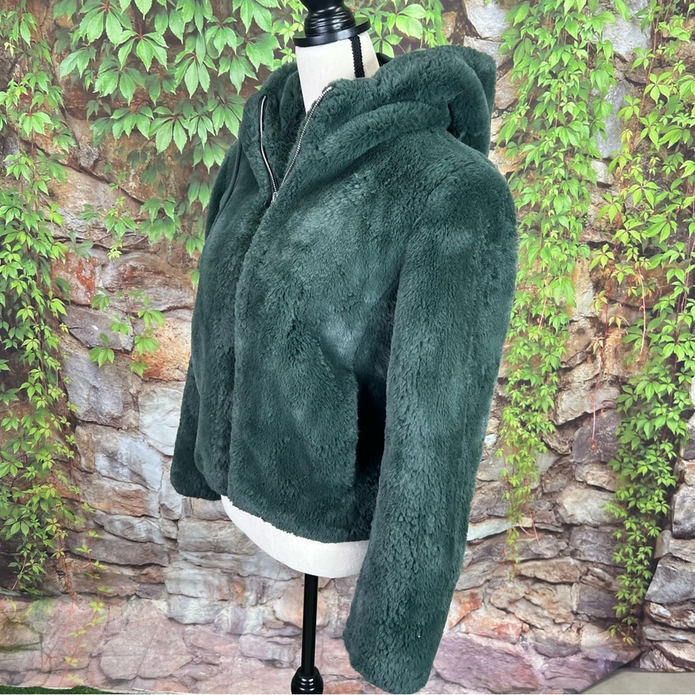 RACHEL ZOE Plush Cozy Green Patterned Teddy Fur Faux Fur Hooded Jacket, XS - Picture 9 of 12